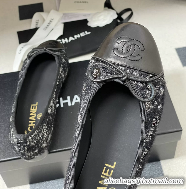 Buy Cheapest Chanel CC Logo Bowknot Black Tweed Blat Flats 6051609