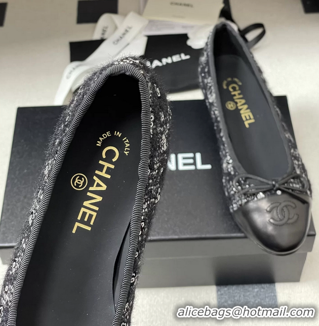 Buy Cheapest Chanel CC Logo Bowknot Black Tweed Blat Flats 6051609