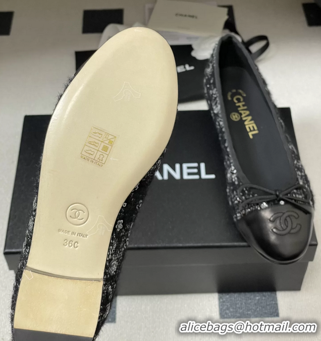 Buy Cheapest Chanel CC Logo Bowknot Black Tweed Blat Flats 6051609