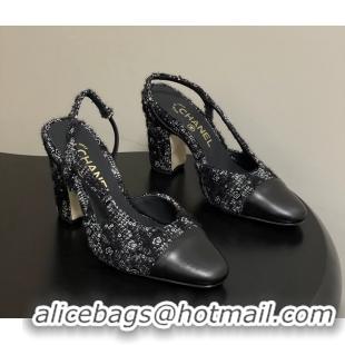 Low Price Chanel Black Tweed High Heeled Slingback Pumps 6051610