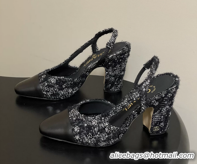 Low Price Chanel Black Tweed High Heeled Slingback Pumps 6051610