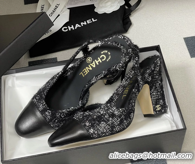 Low Price Chanel Black Tweed High Heeled Slingback Pumps 6051610