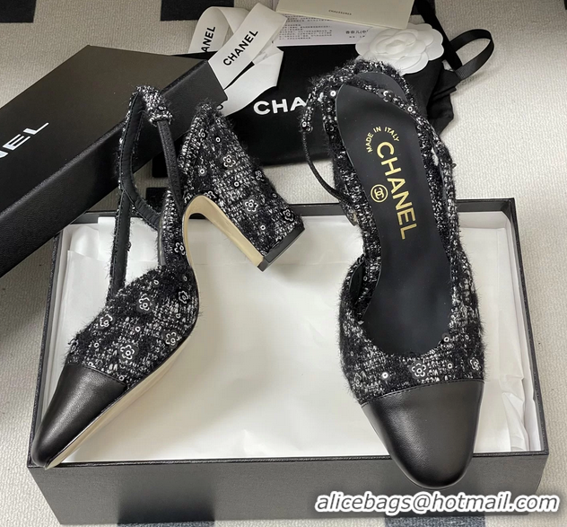 Low Price Chanel Black Tweed High Heeled Slingback Pumps 6051610