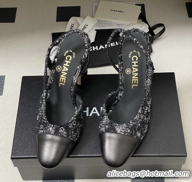 Low Price Chanel Black Tweed High Heeled Slingback Pumps 6051610