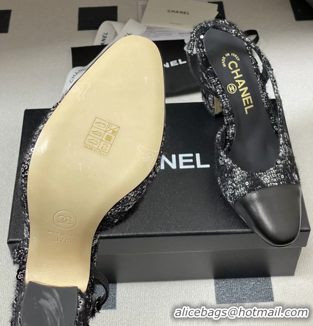 Low Price Chanel Black Tweed High Heeled Slingback Pumps 6051610