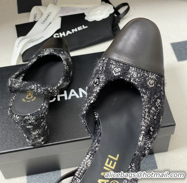 Low Price Chanel Black Tweed High Heeled Slingback Pumps 6051610