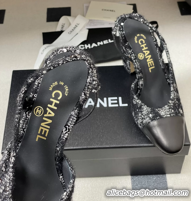 Low Price Chanel Black Tweed High Heeled Slingback Pumps 6051610