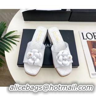 Classic Chanel White Leather Camellia Flower Platform Slides Sandals 55MM 6051611