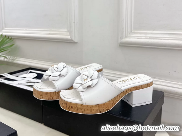 Classic Chanel White Leather Camellia Flower Platform Slides Sandals 55MM 6051611