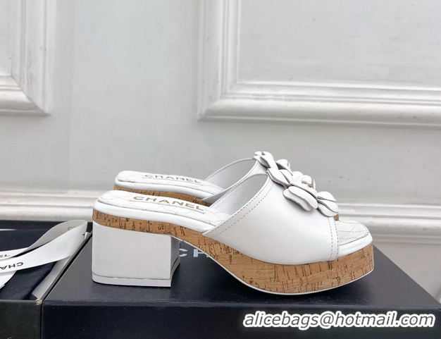 Classic Chanel White Leather Camellia Flower Platform Slides Sandals 55MM 6051611