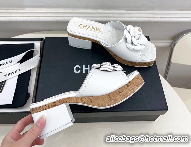 Classic Chanel White Leather Camellia Flower Platform Slides Sandals 55MM 6051611