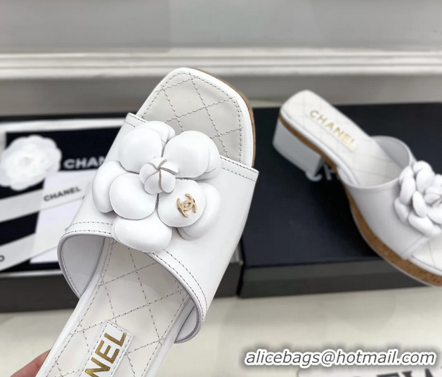 Classic Chanel White Leather Camellia Flower Platform Slides Sandals 55MM 6051611