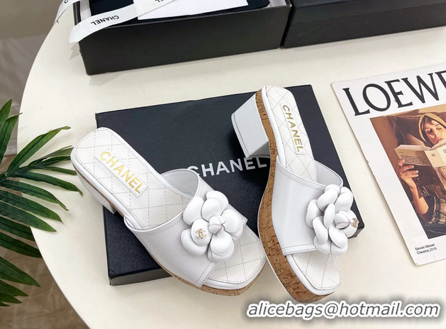 Classic Chanel White Leather Camellia Flower Platform Slides Sandals 55MM 6051611