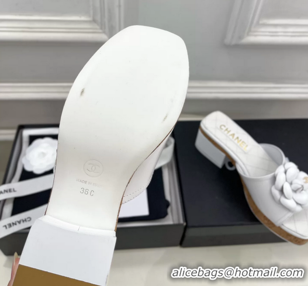 Classic Chanel White Leather Camellia Flower Platform Slides Sandals 55MM 6051611