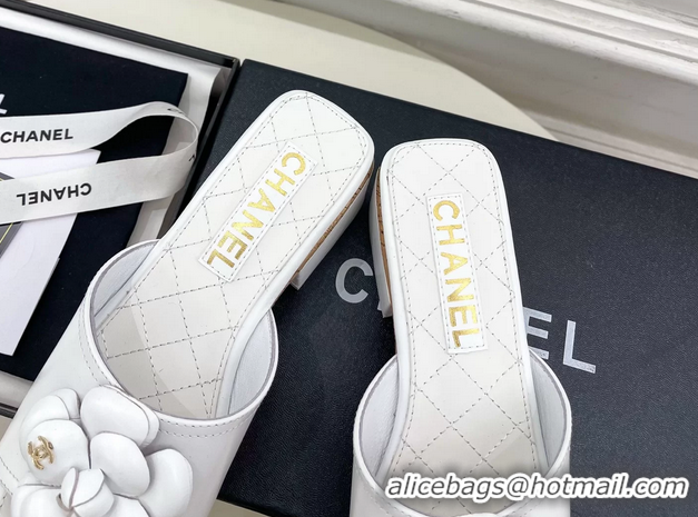 Classic Chanel White Leather Camellia Flower Platform Slides Sandals 55MM 6051611