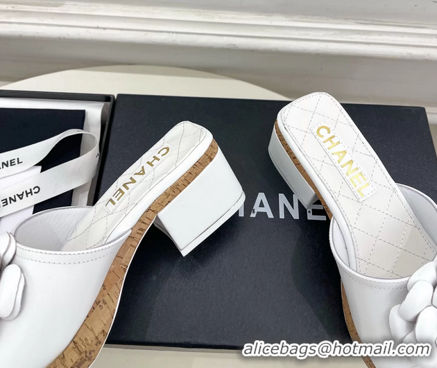 Classic Chanel White Leather Camellia Flower Platform Slides Sandals 55MM 6051611