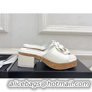 Hot Style Chanel White Leather Camellia Flower Platform Slides Sandals 55MM 6051611