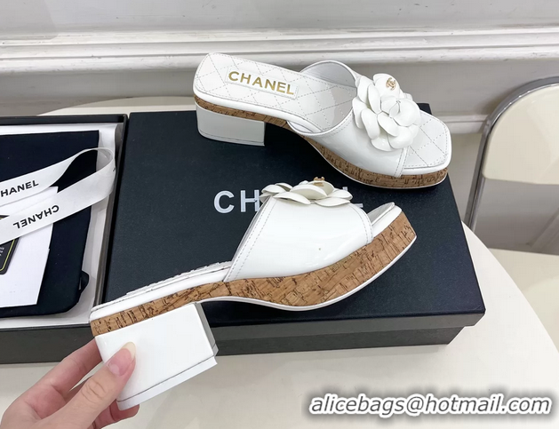 Hot Style Chanel White Leather Camellia Flower Platform Slides Sandals 55MM 6051611