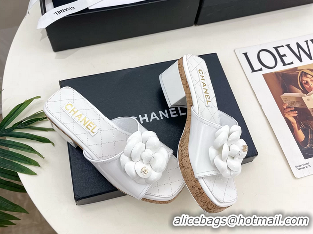Hot Style Chanel White Leather Camellia Flower Platform Slides Sandals 55MM 6051611
