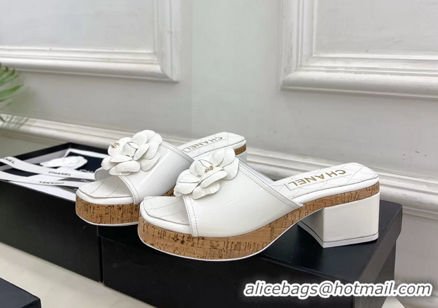 Hot Style Chanel White Leather Camellia Flower Platform Slides Sandals 55MM 6051611