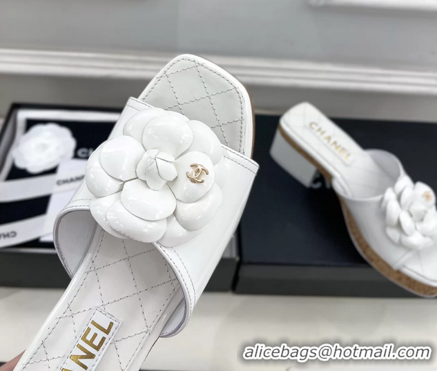 Hot Style Chanel White Leather Camellia Flower Platform Slides Sandals 55MM 6051611