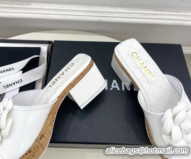 Hot Style Chanel White Leather Camellia Flower Platform Slides Sandals 55MM 6051611