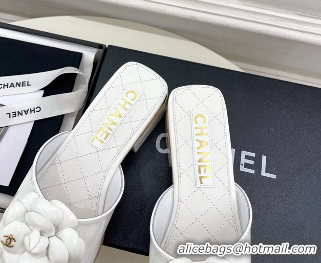 Hot Style Chanel White Leather Camellia Flower Platform Slides Sandals 55MM 6051611