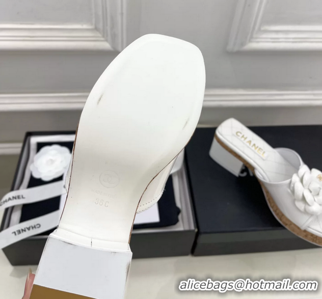 Hot Style Chanel White Leather Camellia Flower Platform Slides Sandals 55MM 6051611