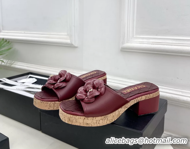 Duplicate Chanel Red Leather Camellia Flower Platform Slides Sandals 55MM 6051611