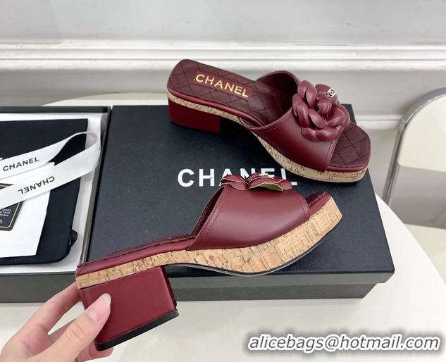 Duplicate Chanel Red Leather Camellia Flower Platform Slides Sandals 55MM 6051611