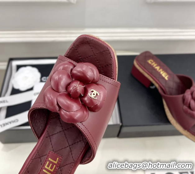 Duplicate Chanel Red Leather Camellia Flower Platform Slides Sandals 55MM 6051611