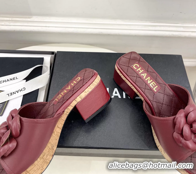 Duplicate Chanel Red Leather Camellia Flower Platform Slides Sandals 55MM 6051611