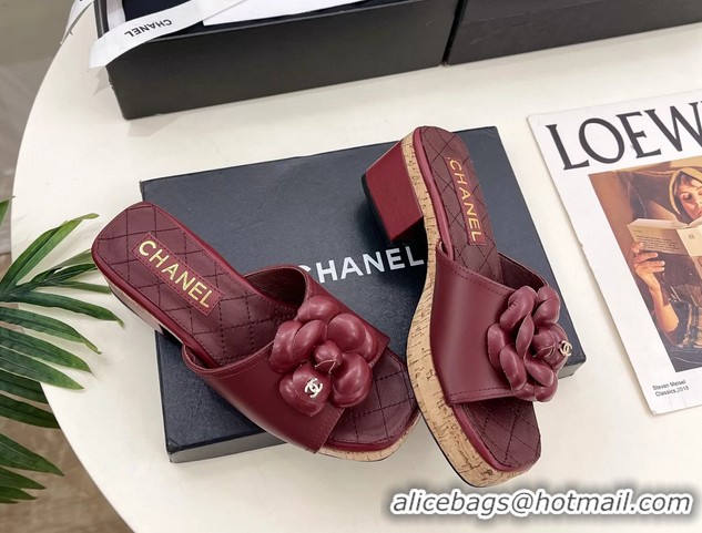 Duplicate Chanel Red Leather Camellia Flower Platform Slides Sandals 55MM 6051611