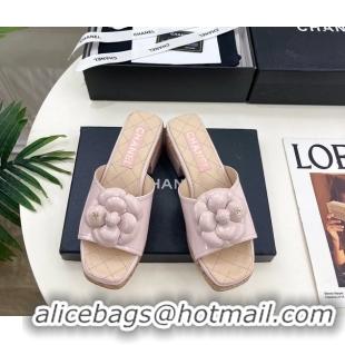 Stylish Chanel Pink Leather Camellia Flower Platform Slides Sandals 55MM 6051611