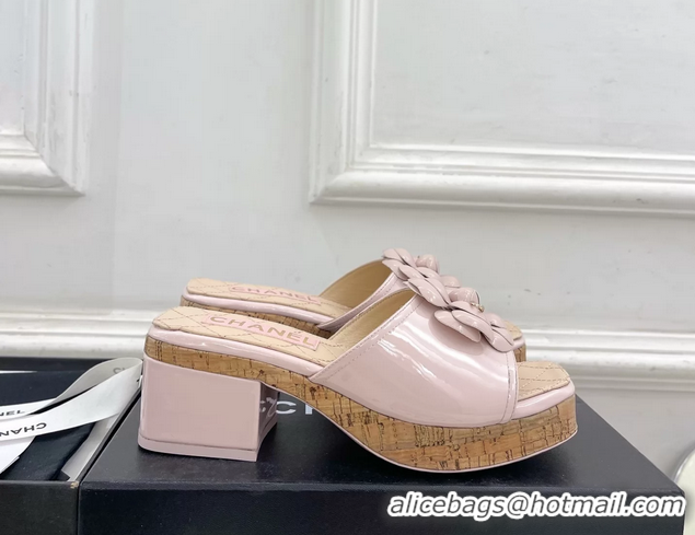 Stylish Chanel Pink Leather Camellia Flower Platform Slides Sandals 55MM 6051611