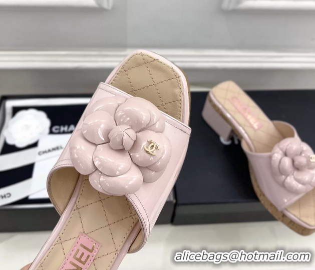 Stylish Chanel Pink Leather Camellia Flower Platform Slides Sandals 55MM 6051611