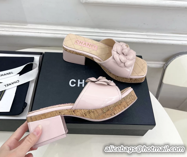 Stylish Chanel Pink Leather Camellia Flower Platform Slides Sandals 55MM 6051611