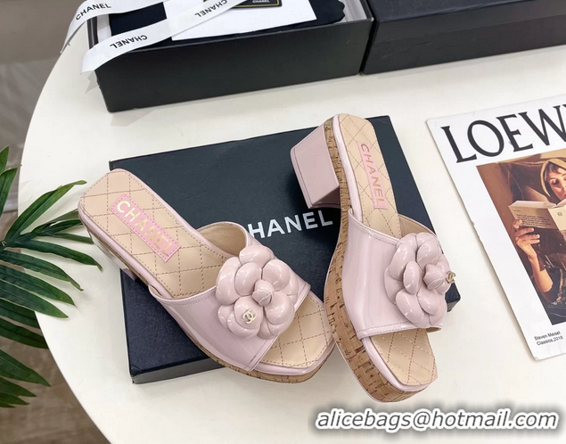 Stylish Chanel Pink Leather Camellia Flower Platform Slides Sandals 55MM 6051611