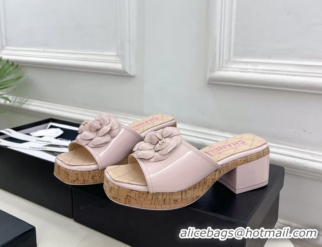 Stylish Chanel Pink Leather Camellia Flower Platform Slides Sandals 55MM 6051611