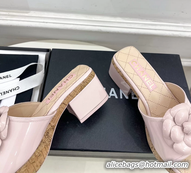 Stylish Chanel Pink Leather Camellia Flower Platform Slides Sandals 55MM 6051611