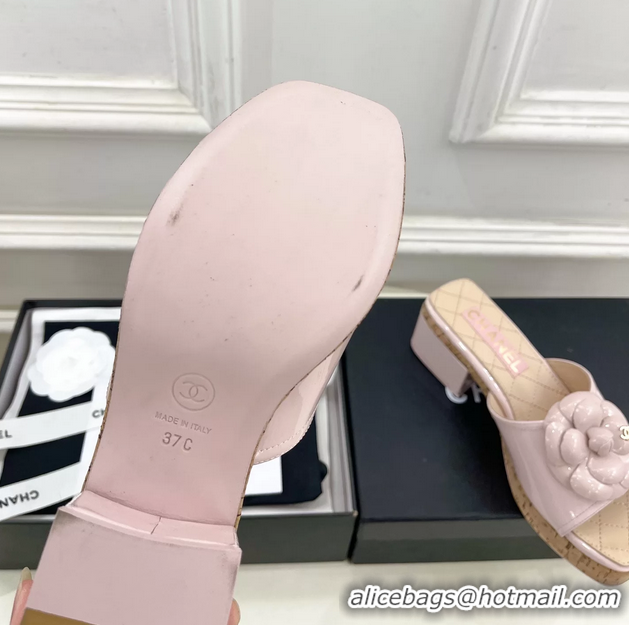 Stylish Chanel Pink Leather Camellia Flower Platform Slides Sandals 55MM 6051611