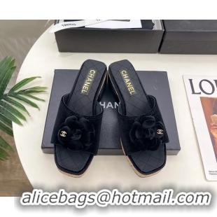 Fashion Chanel BLack Velvet Camellia Flower Platform Slides Sandals 55MM 6051611