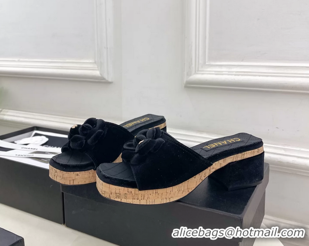 Fashion Chanel BLack Velvet Camellia Flower Platform Slides Sandals 55MM 6051611
