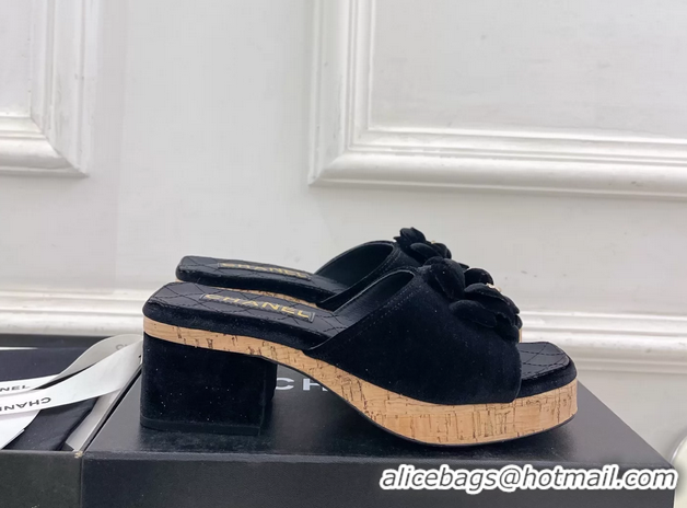 Fashion Chanel BLack Velvet Camellia Flower Platform Slides Sandals 55MM 6051611