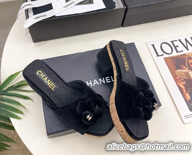 Fashion Chanel BLack Velvet Camellia Flower Platform Slides Sandals 55MM 6051611