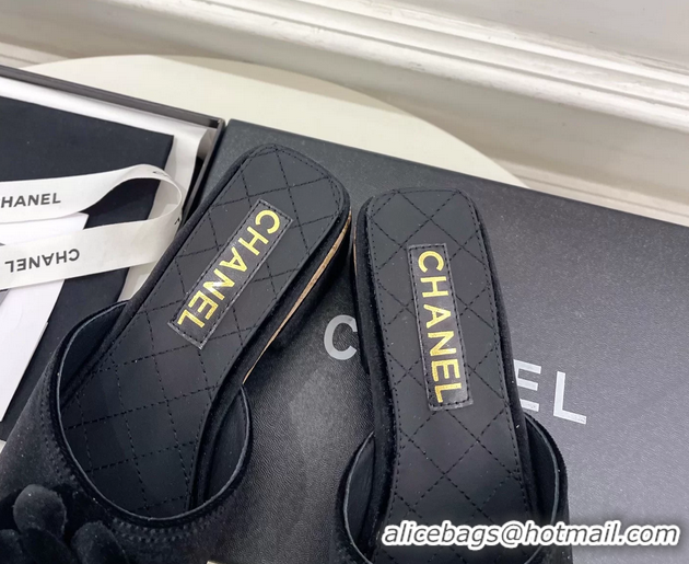 Fashion Chanel BLack Velvet Camellia Flower Platform Slides Sandals 55MM 6051611