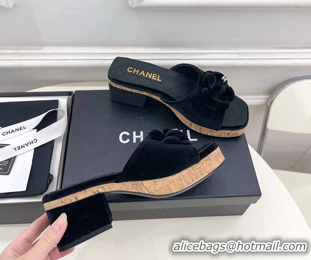 Fashion Chanel BLack Velvet Camellia Flower Platform Slides Sandals 55MM 6051611