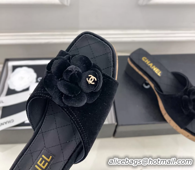 Fashion Chanel BLack Velvet Camellia Flower Platform Slides Sandals 55MM 6051611