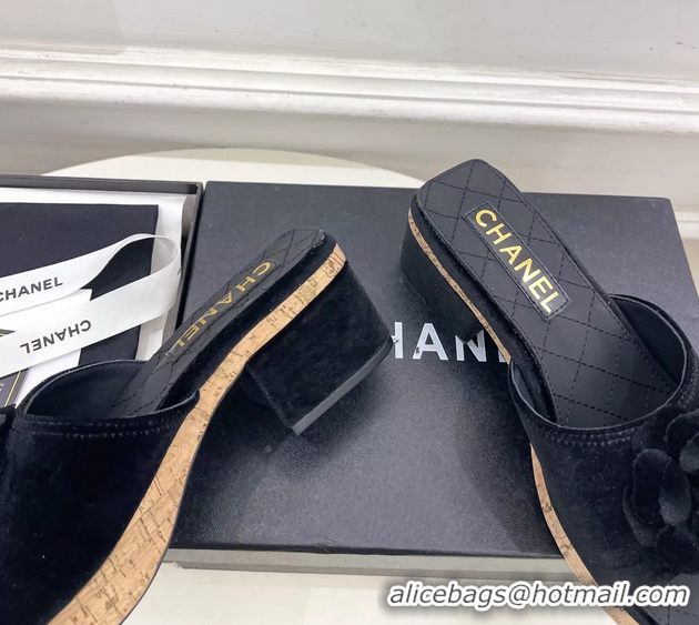 Fashion Chanel BLack Velvet Camellia Flower Platform Slides Sandals 55MM 6051611