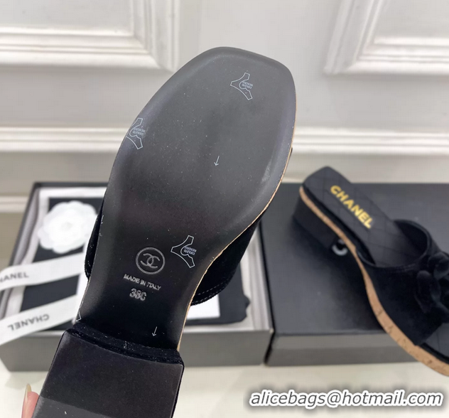 Fashion Chanel BLack Velvet Camellia Flower Platform Slides Sandals 55MM 6051611